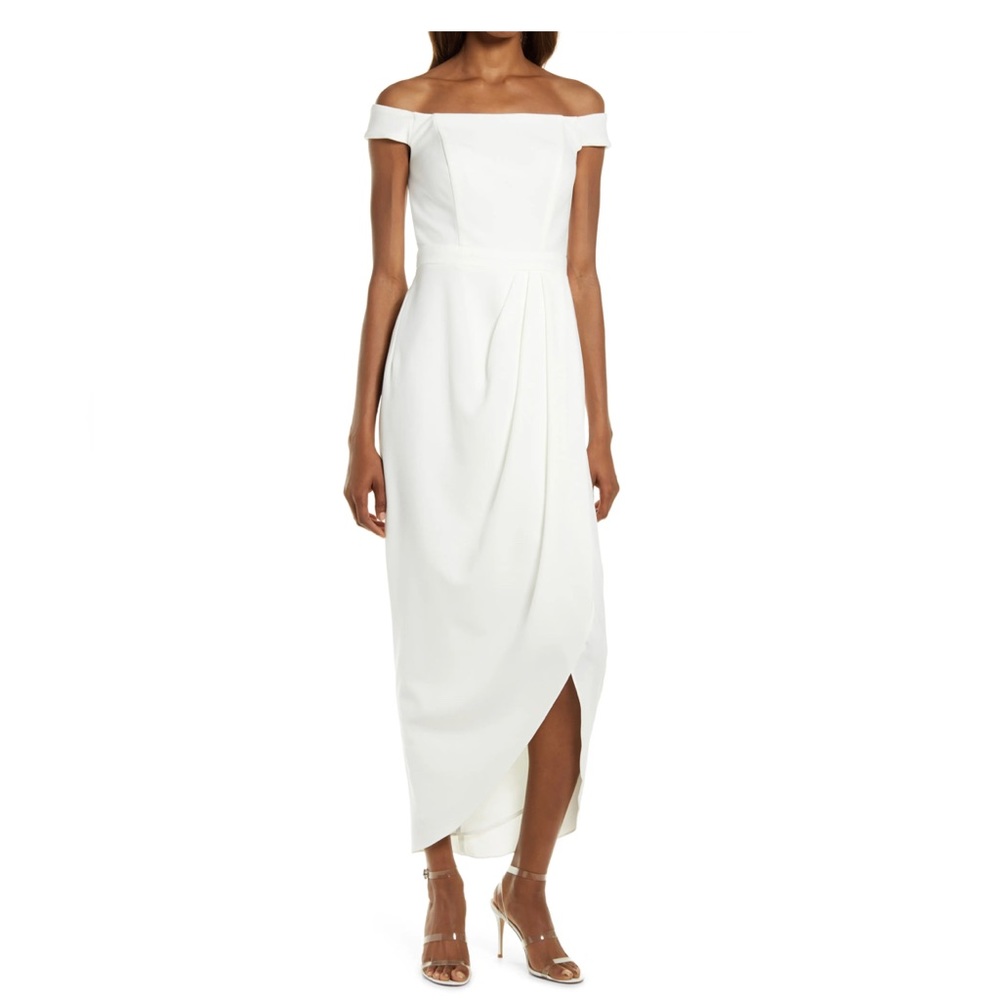 Xscape Off the Shoulder Wrap Front Scuba Crepe Gown in Ivory